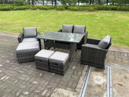 Fimous 7 Seater Grey Mixed High Back Rattan Sofa Set Dining Table Garden Furniture Outdoor in Dark Grey - thumbnail 2
