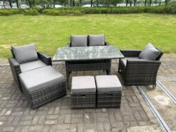 Fimous 7 Seater Grey Mixed High Back Rattan Sofa Set Dining Table Garden Furniture Outdoor in Dark Grey - thumbnail 1