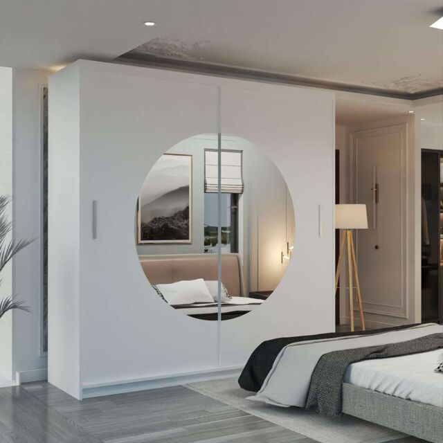 MN Furniture Milos Sliding Wardrobe with Mirror-LED Light W150cm x H217cm in White - image 1