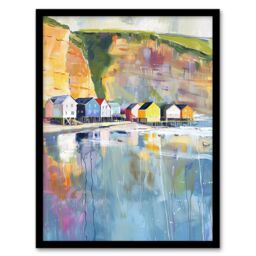 "Artery8 Colourful Quaint Cliffside Beach Chalets Painting Framed Art Print in Blue - Size: W12"" x H16""" - thumbnail 1