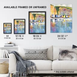 "Artery8 Colourful Quaint Cliffside Beach Chalets Painting Framed Art Print in Blue - Size: W12"" x H16""" - thumbnail 3