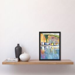 "Artery8 Colourful Quaint Cliffside Beach Chalets Painting Framed Art Print in Blue - Size: W12"" x H16""" - thumbnail 4