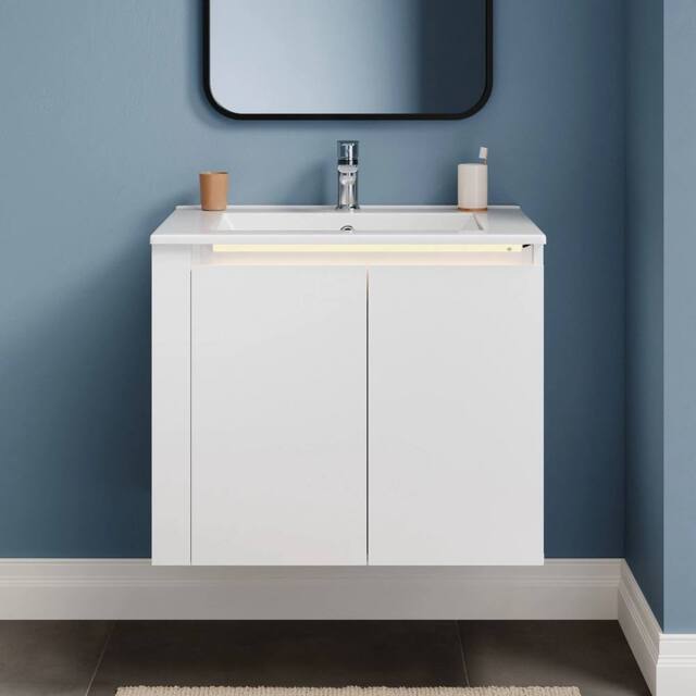 FORGEVIO White Wall Mounted Bathroom Vanity Unit with LED Light Storage Doors - image 1
