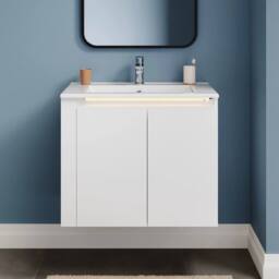 FORGEVIO White Wall Mounted Bathroom Vanity Unit with LED Light Storage Doors - thumbnail 1