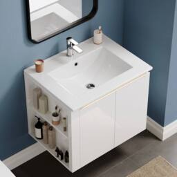 FORGEVIO White Wall Mounted Bathroom Vanity Unit with LED Light Storage Doors - thumbnail 3