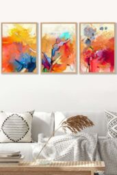 ARTZE Set of 3 Oak Framed Abstract Colourful Orange Pink Red Mixed Media Fractal Wall Art - Size: W33 cm x H45 cm x D20mm