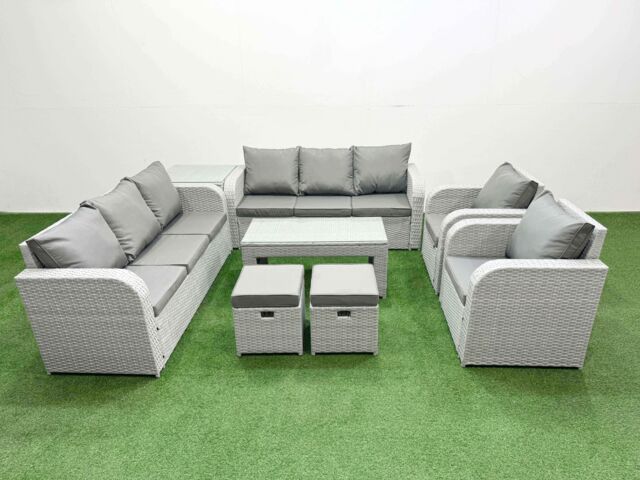 Fimous PE Rattan High Back Lounge Sofa Set Patio Oblong Coffee Table & Chairs Set with 3 Seater Sofa Reclining Chair Stools Side Table Light Grey - image 1
