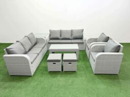 Fimous PE Rattan High Back Lounge Sofa Set Patio Oblong Coffee Table & Chairs Set with 3 Seater Sofa Reclining Chair Stools Side Table Light Grey - thumbnail 1