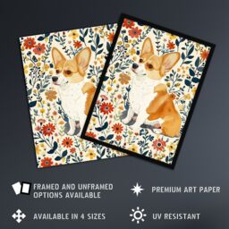"Artery8 Pembroke Welsh Corgi Dog Lover Cute Floral Framed Wall Art - Size: W12"" x H16""" - thumbnail 2