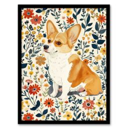 "Artery8 Pembroke Welsh Corgi Dog Lover Cute Floral Framed Wall Art - Size: W12"" x H16""" - thumbnail 1