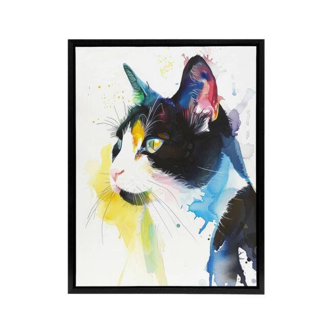 "Artery8 Tuxedo Cat Lover Bright Watercolour Framed Canvas Wall Art Print - Size: W12"" x H16""" - image 1