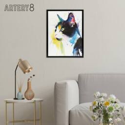"Artery8 Tuxedo Cat Lover Bright Watercolour Framed Canvas Wall Art Print - Size: W12"" x H16""" - thumbnail 3