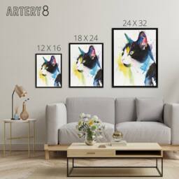 "Artery8 Tuxedo Cat Lover Bright Watercolour Framed Canvas Wall Art Print - Size: W12"" x H16""" - thumbnail 4