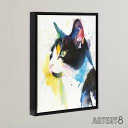 "Artery8 Tuxedo Cat Lover Bright Watercolour Framed Canvas Wall Art Print - Size: W12"" x H16""" - thumbnail 2