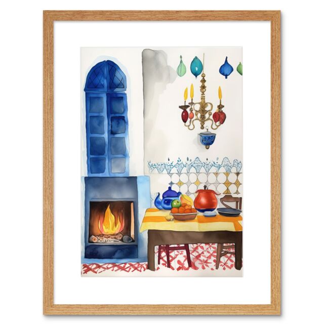 "Artery8 Wall Art Print Kitchen Fireplace In Traditional Spanish Home Folk Art Watercolour Painting Artwork Framed 9X7 Inch in Beige - Size: W7"" x H9""" - image 1