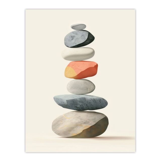 "Artery8 Stacked Rock Cairn Bright Vertical Boho Design Wall Art Print in Grey - Size: W24"" x H32""" - image 1