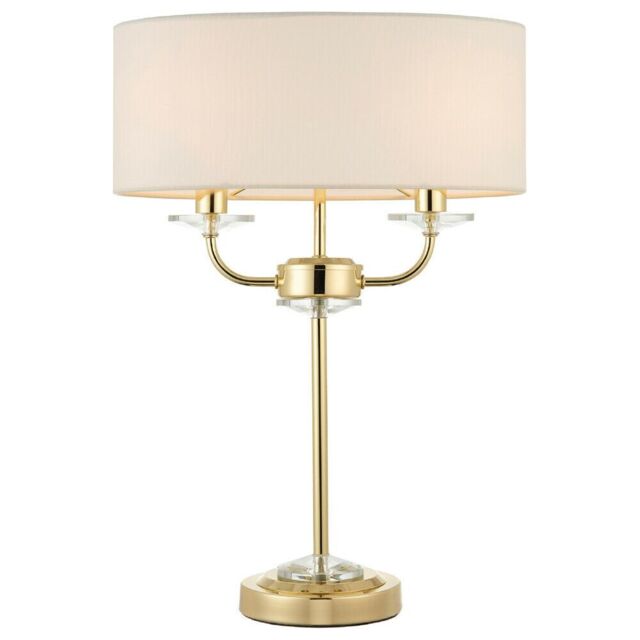 Loops Twin Light Table Lamp 2 Bulb Brass & White Shade Crystal Trim Bedside Feature - image 1