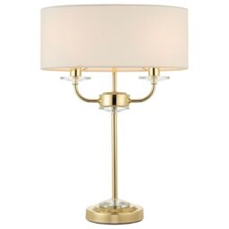 Loops Twin Light Table Lamp 2 Bulb Brass & White Shade Crystal Trim Bedside Feature - thumbnail 1