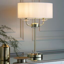 Loops Twin Light Table Lamp 2 Bulb Brass & White Shade Crystal Trim Bedside Feature - thumbnail 5
