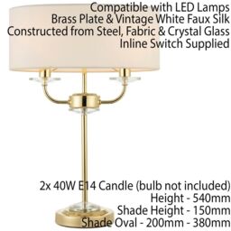 Loops Twin Light Table Lamp 2 Bulb Brass & White Shade Crystal Trim Bedside Feature - thumbnail 2