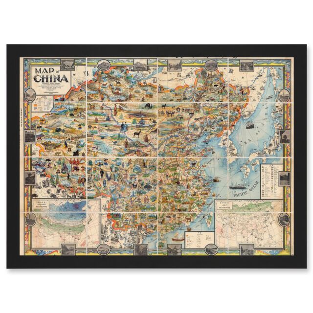 Artery8 Map Diakoff 1931 China Pictorial Unfolded Artwork Framed Wall Art Print A4 in Black - image 1