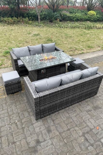 Fimous Outdoor PE Rattan Garden Furniture Gas Fire Pit Dining Table Lounge Sofa 2 PC Footstools Dark Grey - image 1