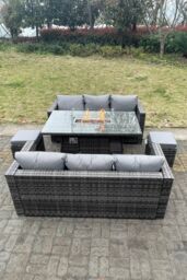 Fimous Outdoor PE Rattan Garden Furniture Gas Fire Pit Dining Table Lounge Sofa 2 PC Footstools Dark Grey - thumbnail 3