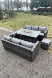 Fimous Outdoor PE Rattan Garden Furniture Gas Fire Pit Dining Table Lounge Sofa 2 PC Footstools Dark Grey - thumbnail 4