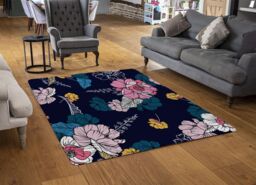 Benjamin Tate Design Pink Flowers On Navy Rug in Natural - Size: Large - thumbnail 2