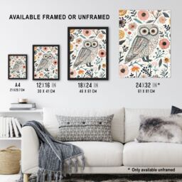 "Artery8 Cute Tawny Owl with Flowers Bright Watercolour Wall Art Print - Size: W24"" x H32""" - thumbnail 3