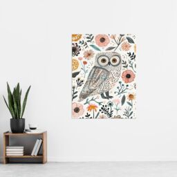 "Artery8 Cute Tawny Owl with Flowers Bright Watercolour Wall Art Print - Size: W24"" x H32""" - thumbnail 4