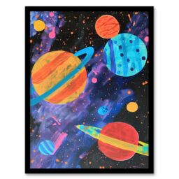 "Artery8 Space Planets & Stars Colourful Child Painting Framed Wall Art - Size: W12"" x H16""" - thumbnail 1