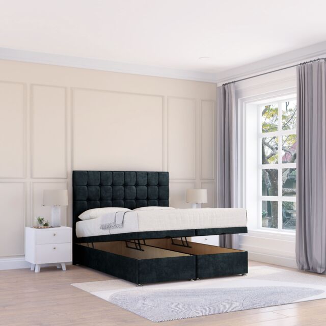 Sloomy Alabama Naples Fabric Ottoman Bed End Opening With Sprung Memory Mattress & 26 Inch strut Headboard in Black - Size: Single - image 1
