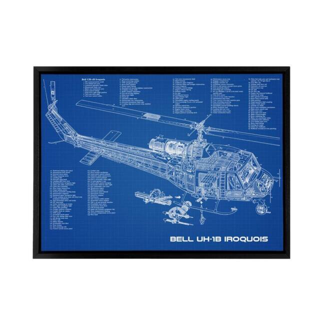 "Artery8 Bell UH 1b Iroquois USA Helicopter Blueprint Framed Canvas Wall Art Print in Blue - Size: W12"" x H16""" - image 1