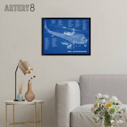 "Artery8 Bell UH 1b Iroquois USA Helicopter Blueprint Framed Canvas Wall Art Print in Blue - Size: W12"" x H16""" - thumbnail 3