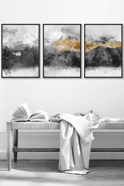 ARTZE Abstract Grey & Yellow Mountains Framed Wall Art - Medium in Black - Size: W45 cm x H62 cm x D20mm - image 1