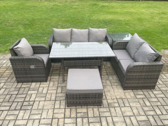 Fimous 7 Seater Garden Rattan Furniture Dining Table Sofa Set Indoor Outdoor with Reclining Chairs Big Footstool Side Table Dark Grey Mixed - image 1