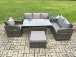 Fimous 7 Seater Garden Rattan Furniture Dining Table Sofa Set Indoor Outdoor with Reclining Chairs Big Footstool Side Table Dark Grey Mixed - thumbnail 1
