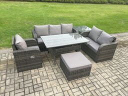 Fimous 7 Seater Garden Rattan Furniture Dining Table Sofa Set Indoor Outdoor with Reclining Chairs Big Footstool Side Table Dark Grey Mixed - thumbnail 2