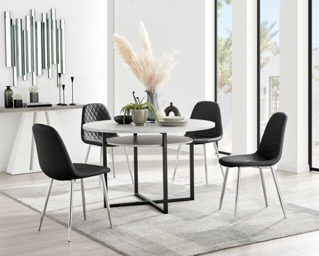 FurnitureboxUK Adley Grey Concrete Effect Round Dining Table & 4 Corona Silver Chairs in Black - image 1