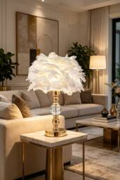 Living and Home Romantic White Feather Table Lamp with Gold Crystal Base - thumbnail 2