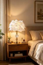 Living and Home Romantic White Feather Table Lamp with Gold Crystal Base