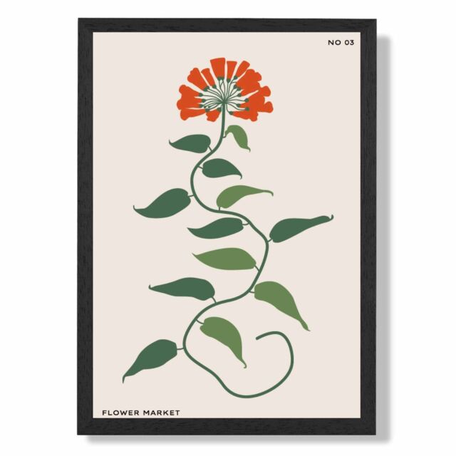 ARTZE Orange & Green Floral Flower Market Minimalist Framed Print SIZE: A2 with Black Frame - Size: A4 - image 1