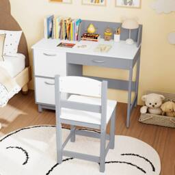 Costway Kid's Study Desk & Chair Set Wooden Activity Table w/ Chair in Grey