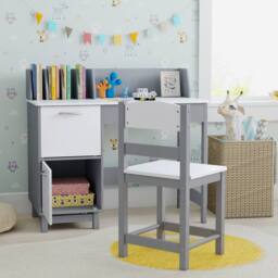 Costway Kid's Study Desk & Chair Set Wooden Activity Table w/ Chair in Grey - thumbnail 2