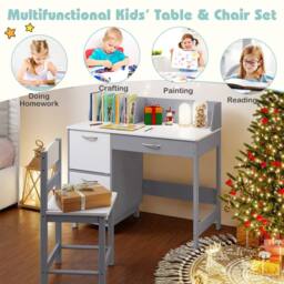 Costway Kid's Study Desk & Chair Set Wooden Activity Table w/ Chair in Grey - thumbnail 7