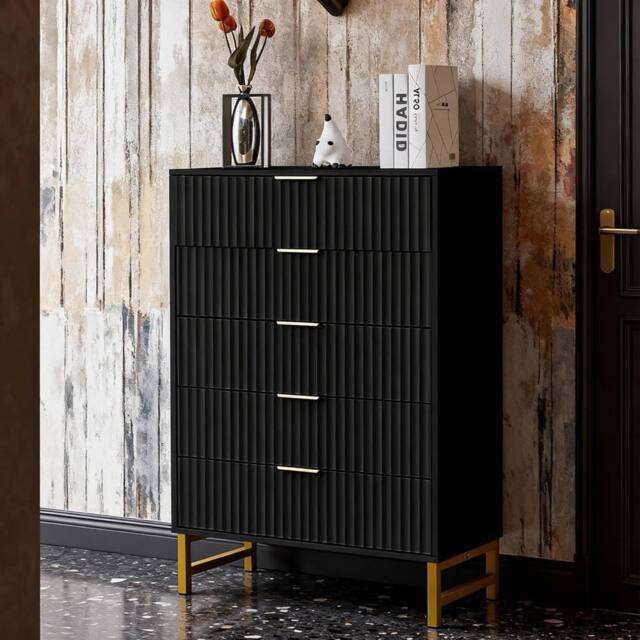 FURNITURE ONE Chest of 5 Drawers Storage Cabinet with Metal Legs - Black - Size: 1 Pack - image 1