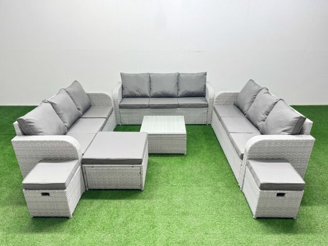 Fimous PE Rattan Lounge Sofa Set 12 Seater Outdoor Garden Furniture Set with Square Coffee Table 3 Seater Sofa 3 Stools Light Grey - image 1
