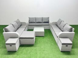 Fimous PE Rattan Lounge Sofa Set 12 Seater Outdoor Garden Furniture Set with Square Coffee Table 3 Seater Sofa 3 Stools Light Grey - thumbnail 2