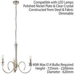 Loops Luxury Hanging Ceiling Pendant Light Bright Nickel & Crystal 3 Lamp Chandelier in Metallics - thumbnail 2